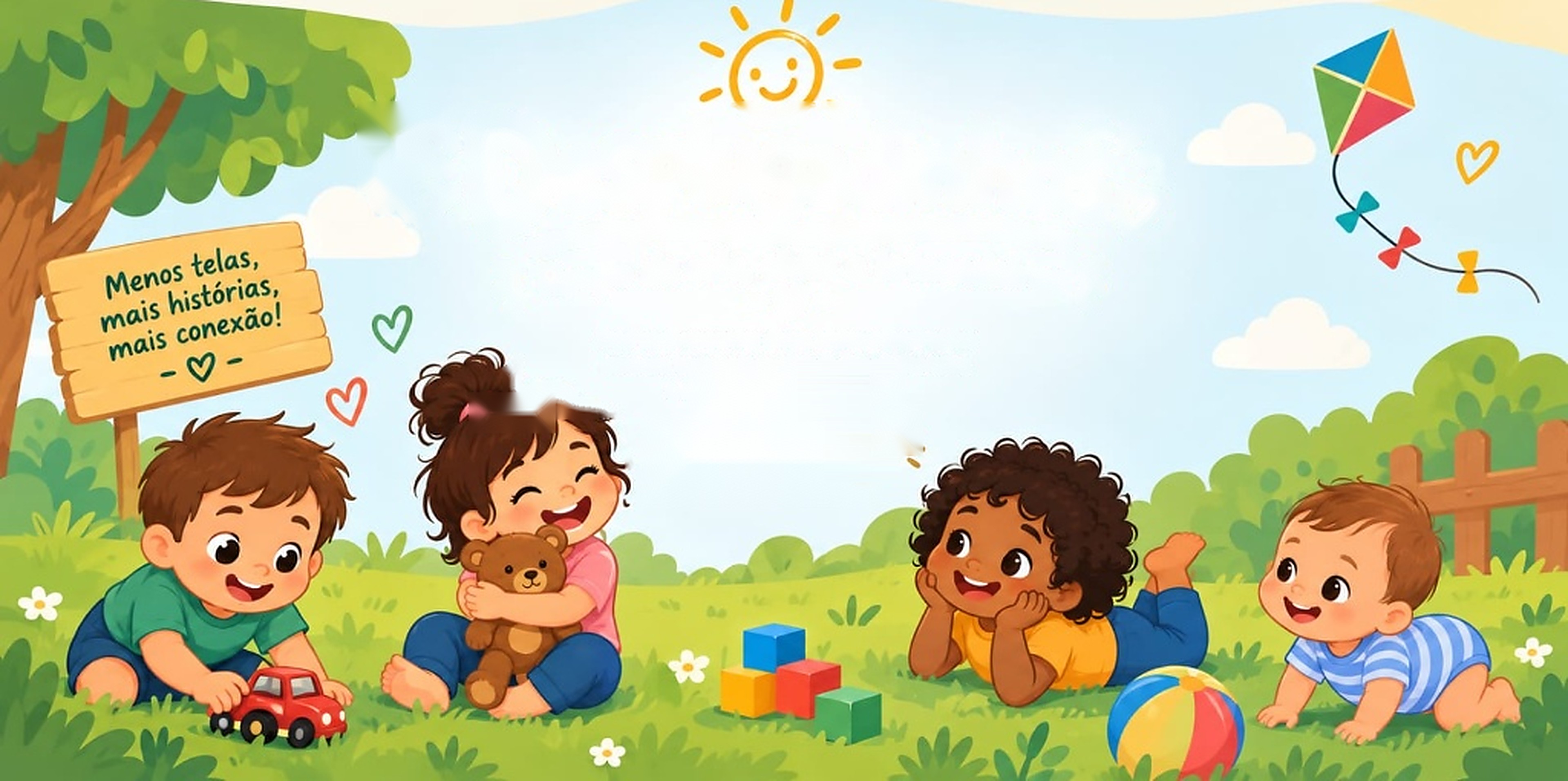 Cenário ilustrado ao ar livre do Desplugadinhos com crianças brincando no gramado, pipa no céu e sol radiante